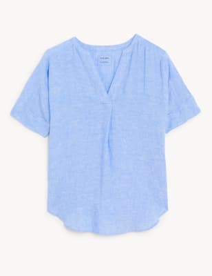 Pure Linen Short Sleeve Popover Blouse - PT