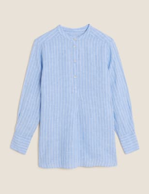 

Womens M&S Collection Pure Linen Longline Popover Blouse - Blue Mix, Blue Mix
