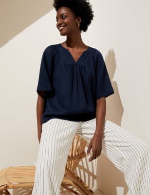 

M&S Collection Blusa de manga corta 100% lino de escote en picoWomens - Navy, Navy