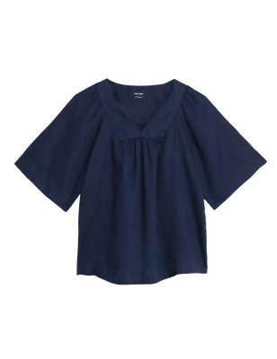 

Womens M&S Collection Kurzarmbluse aus reinem Leinen mit V-Ausschnitt - Navy, Navy