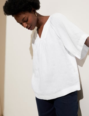 

Womens M&S Collection Pure Linen V-Neck Short Sleeve Blouse - White, White