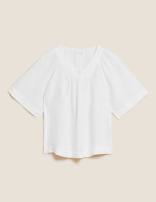 

Womens M&S Collection Pure Linen V-Neck Short Sleeve Blouse - White, White