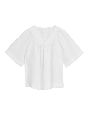 

Womens M&S Collection Kurzarmbluse aus reinem Leinen mit V-Ausschnitt - White, White