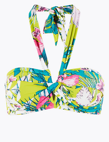 Tropical Print Twist Halter Neck Bikini Top