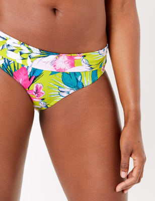 Bas de bikini &agrave; taille roul&eacute;e et imprim&eacute; tropical