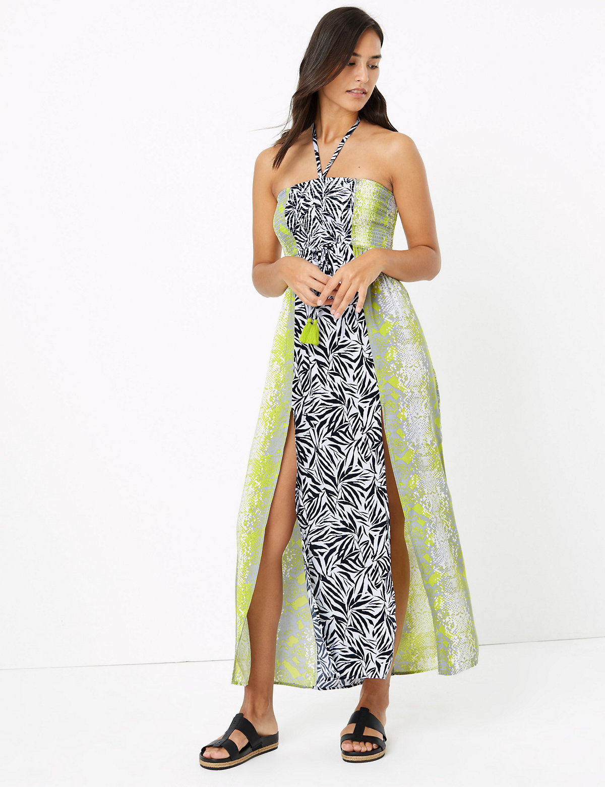 Snake & Leaf Print Shirred Maxi Beach Dress