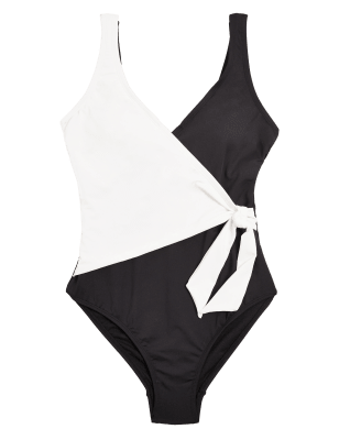 

Womens M&S Collection Monochrome Wrap Plunge Swimsuit - Black Mix, Black Mix