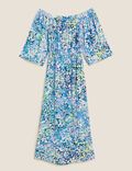Printed Bardot Midi Beach Dress