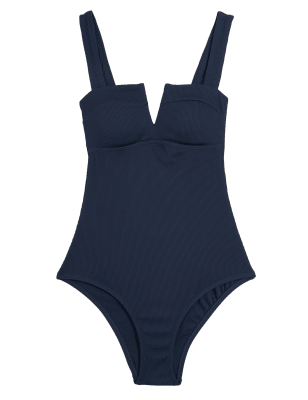 

Womens M&S Collection Ribbed Padded Plunge Swimsuit - Navy, Navy