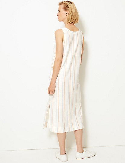 Striped Shift Midi Dress with Linen