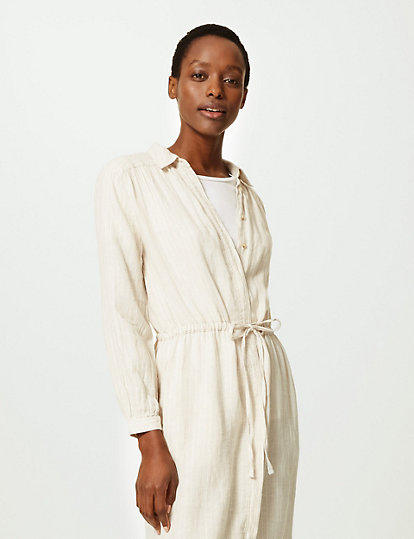 Pure Linen Striped Midi Shirt Dress