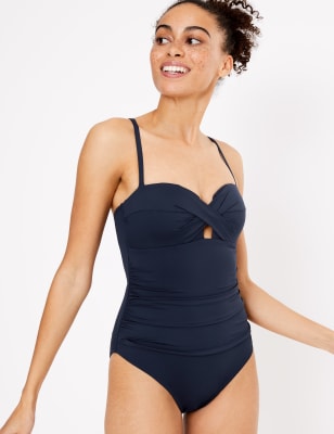 M&S Womens Tummy Control Padded Bandeau Tankini Top - 12 - Navy