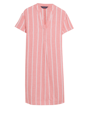 

Womens M&S Collection Gestreiftes Etuikleid mit hohem Leinenanteil und V-Ausschnitt - Pink Mix, Pink Mix