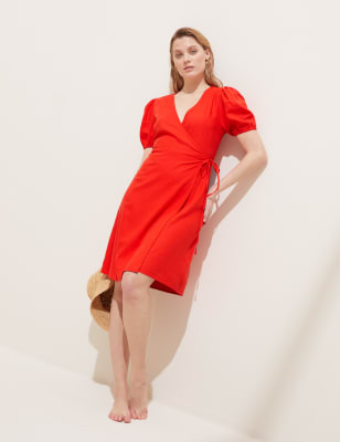 

M&S Collection Minivestido cruzado con lino de escote en picoWomens - Red, Red
