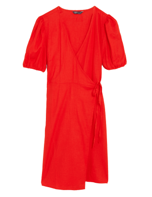 

Womens M&S Collection Mini-Wickelkleid aus Leinenmischgewebe mit V-Ausschnitt - Red, Red