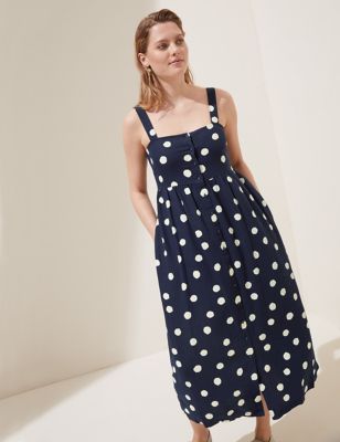 

Womens M&S Collection Linen Blend Polka Dot Midi Dress - Navy Mix, Navy Mix