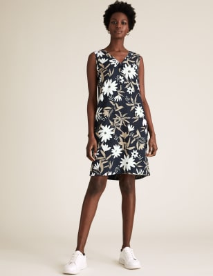  Robe tube en lin longueur genou à col en V et motif fleuri - Navy Mix