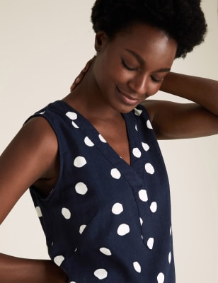  Robe tube en lin longueur genou à pois - Navy Mix