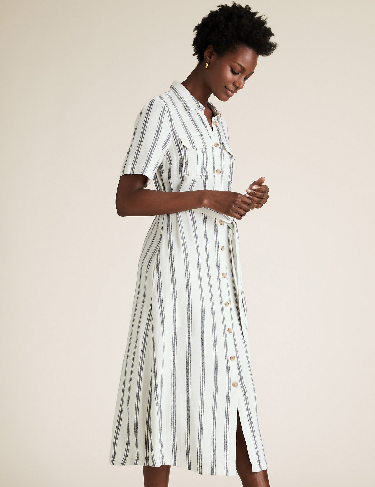 Linen Blend Striped Belted Midi Dress