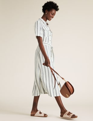 ZARA NEW WOMAN BELTED LINEN BLEND STRIPED MIDI DRESS BLUE / WHITE