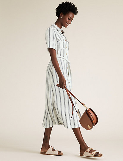 Linen Blend Striped Belted Midi Dress