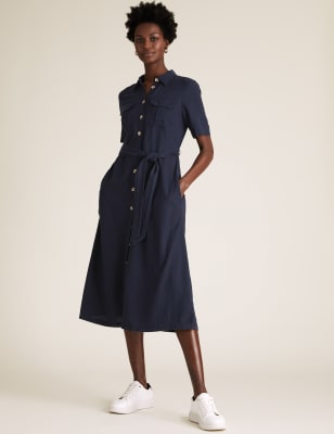 Linen Blend Collared Midi Shirt Dress