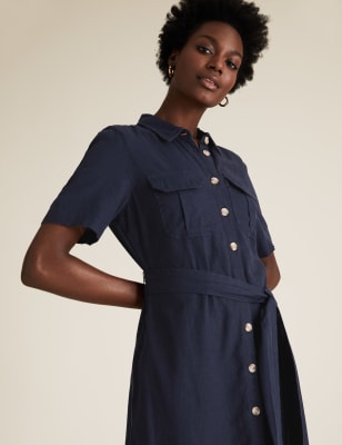 Linen Blend Collared Midi Shirt Dress