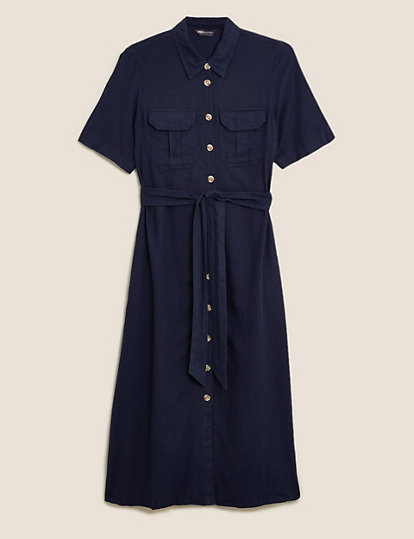 Linen Blend Collared Midi Shirt Dress