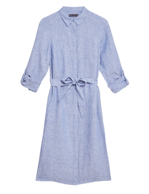 

M&S Collection Vestido camisero a media pierna 100% lino con cinturónWomens - Chambray, Chambray
