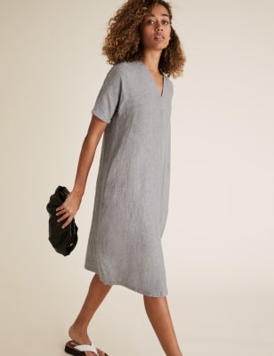  Robe midi style tube 100 % lin à col en V - Grey