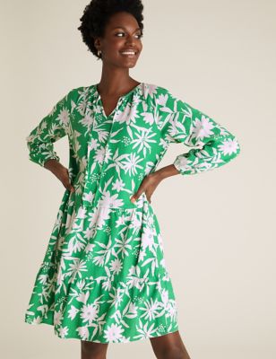  Robe coupe courte et ample en lin à encolure à nouer et motif fleuri - Green Mix