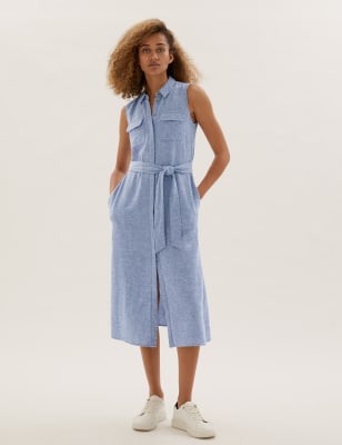 

Womens M&S Collection Linen Blend Sleeveless Midi Shirt Dress - Chambray, Chambray