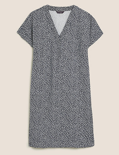 Linen Blend Leaf Print Mini Shift Dress