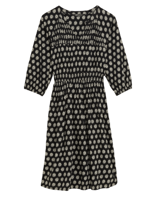 

Womens M&S Collection Gemustertes Midikleid mit hohem Leinenanteil und V-Ausschnitt - Black Mix, Black Mix