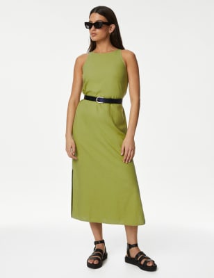 

M&S Collection Vestido estilo combinación a media pierna de lino con cuello altoWomens - Medium Green, Medium Green