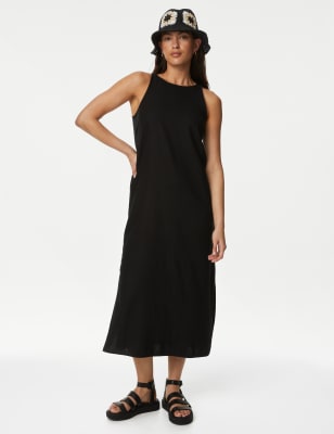 

Womens M&S Collection Linen Rich High Neck Midi Slip Dress - Black, Black