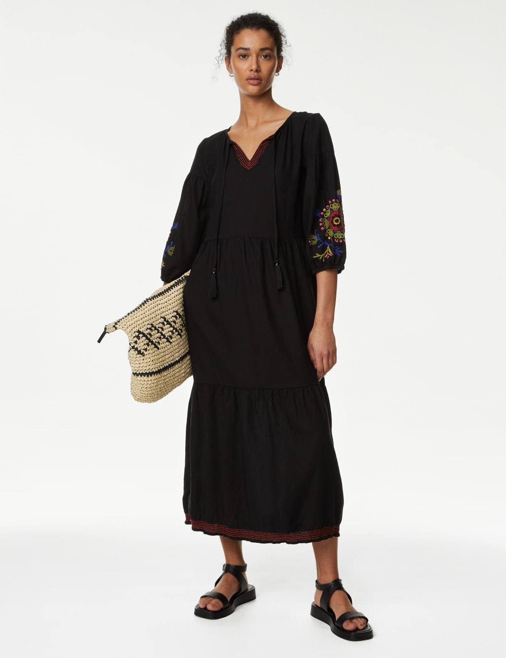 Linen Blend Embroidered Midi Beach Dress image 1