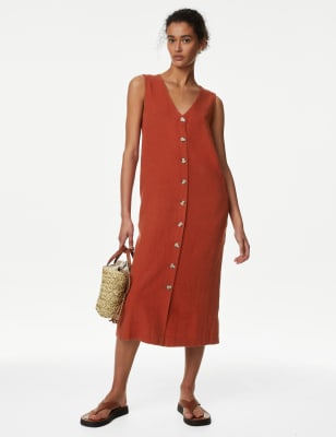 

M&S Collection Vestido a media pierna con botonadura de lino de escote en picoWomens - Copper, Copper