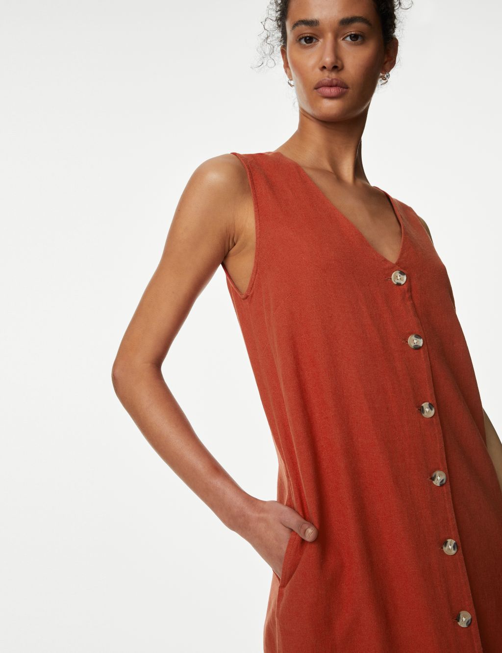 Linen Rich V-Neck Button Through Midi Dress image 2