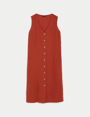 Linen Rich V-Neck Button Through Midi Dress