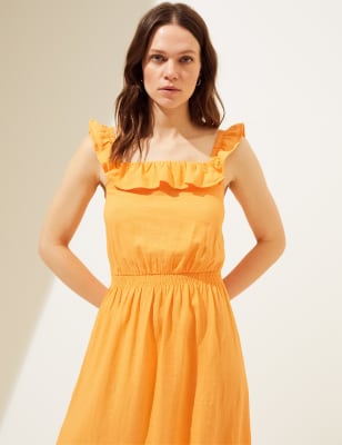 

Womens M&S Collection Linen Blend Square Neck Midi Waisted Dress - Clementine, Clementine