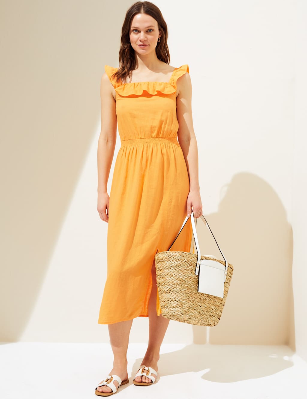 Linen Blend Square Neck Midi Waisted Dress image 2