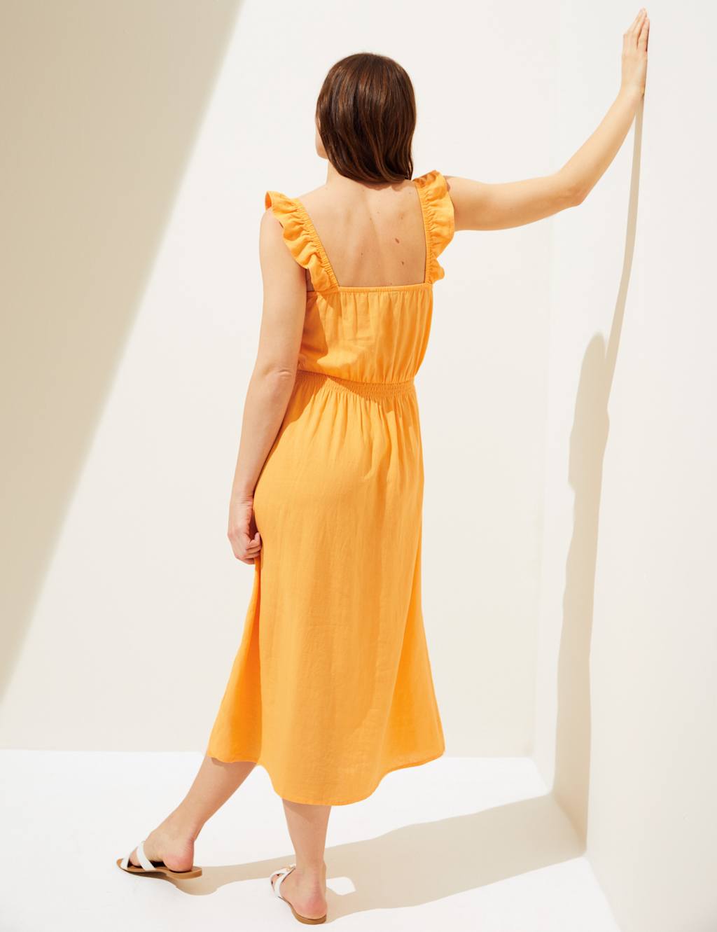 Linen Blend Square Neck Midi Waisted Dress image 4