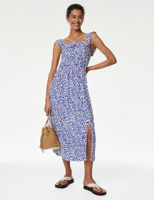 

Womens M&S Collection Linen Blend Printed Square Neck Midi Dress - Blue Mix, Blue Mix