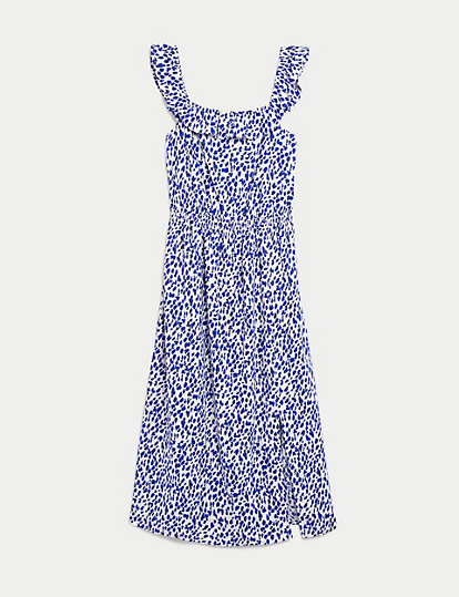 Linen Blend Printed Square Neck Midi Dress