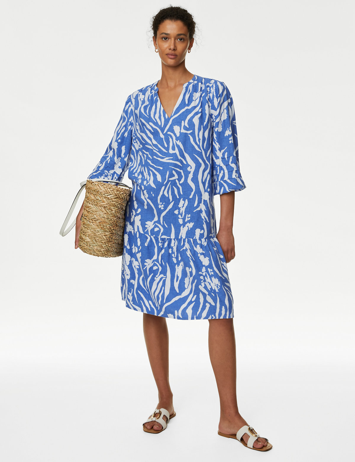Linen Rich Printed V-Neck Midi Relaxed Dress