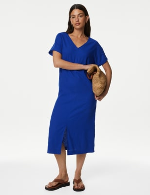 Linen Rich V-Neck Midi T-Shirt Dress