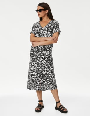 

Womens M&S Collection Gemustertes Midikleid mit hohem Leinenanteil - Black Mix, Black Mix