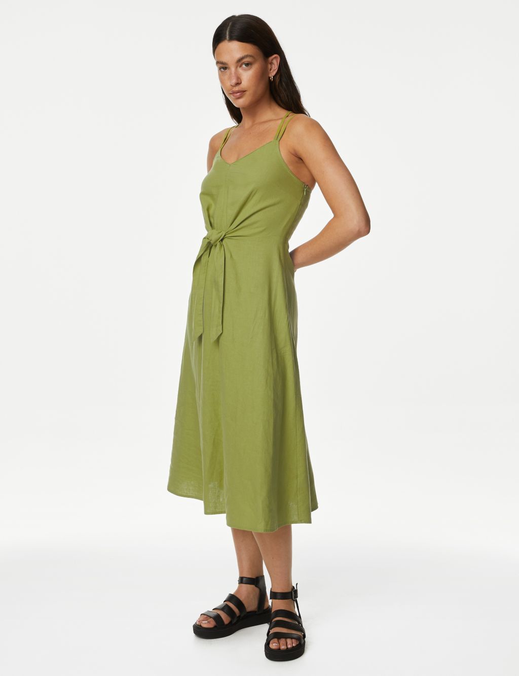Linen Rich V-Neck Midi Waisted Dress image 1
