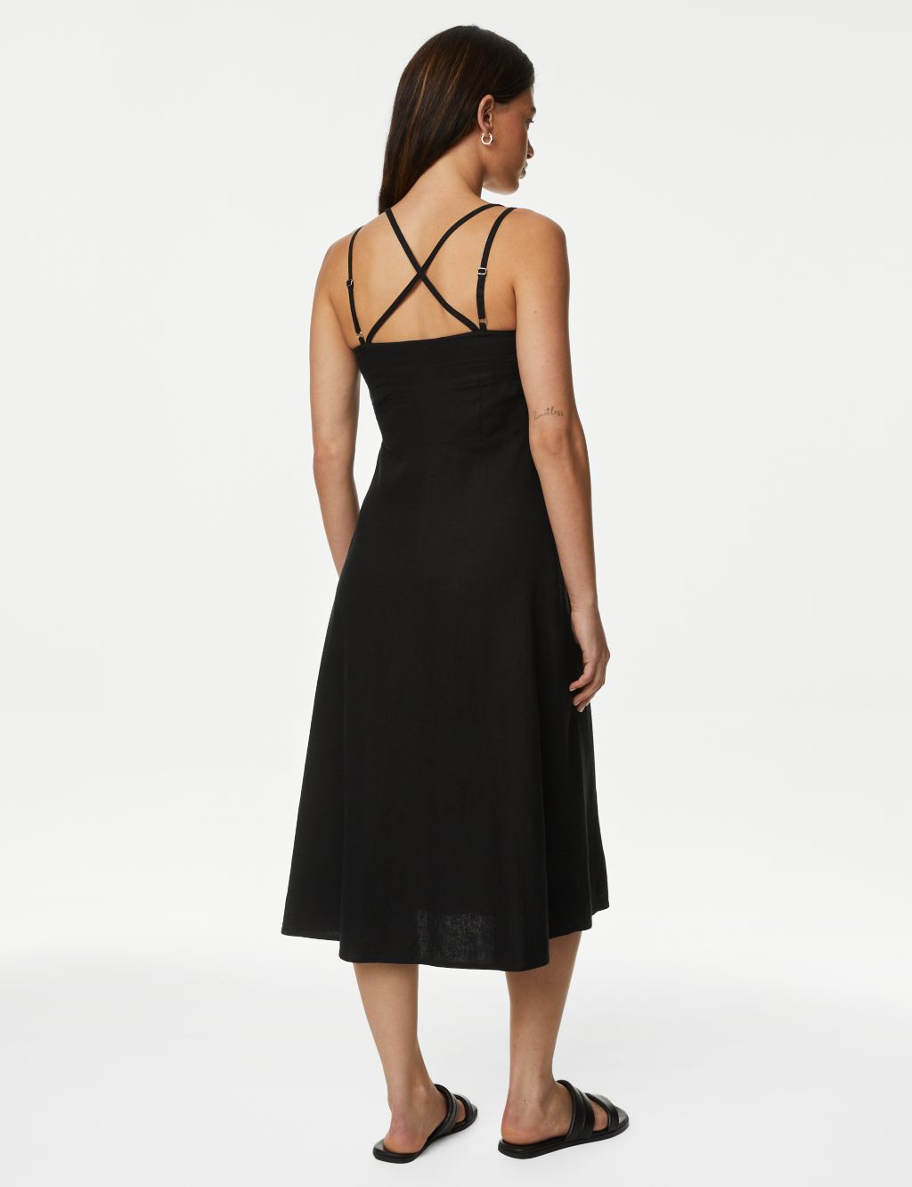 Linen Rich V-Neck Midi Waisted Dress image 3